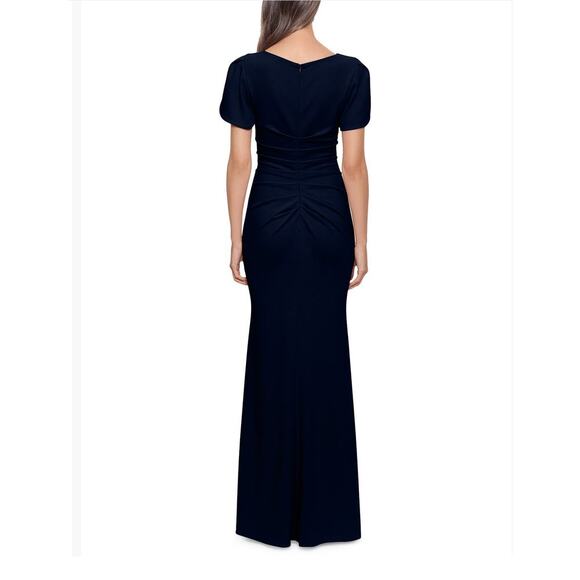 Xscape Evenings “London” Long Scuba Crepe Short Sleeve Dress Navy Size 14P NWT - Picture 2 of 12